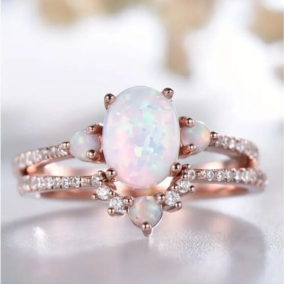 Stackable Opal wedding ring set sz 8 - Picture 2 of 5